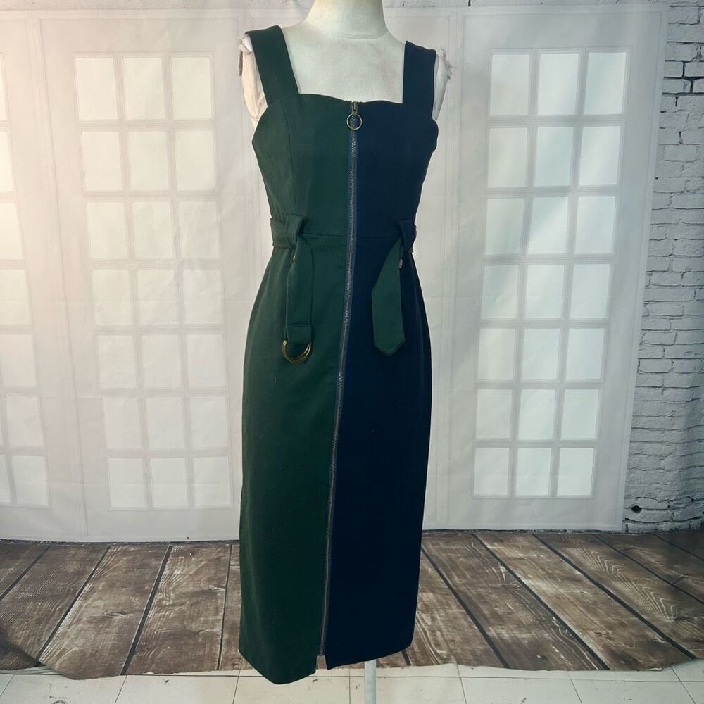 Green and Blue colorblock Sleeveless Midi Zip Up Dress Size Small